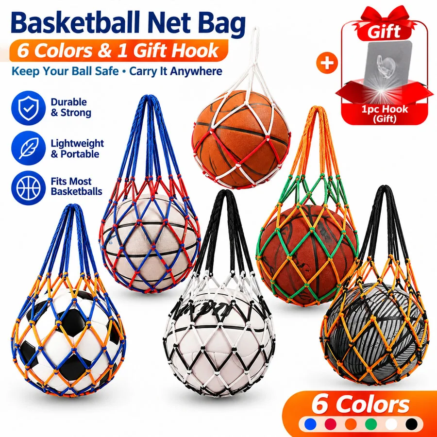 6 color Basketball Net Bag and Gift, Thick Woven Net Basketball Storage Durable Nylon Training Net Bag  for all kinds of balls ﻿