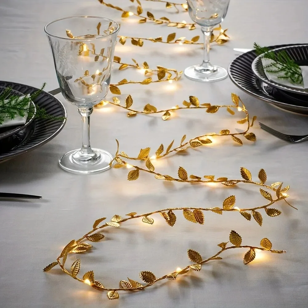Guirxiété de feuilles dorées artificielles en rotin, fausse vigne lumineuse pour décoration de chambre, jardin, mariage, ornement du Ramadan, bricolage, 5m