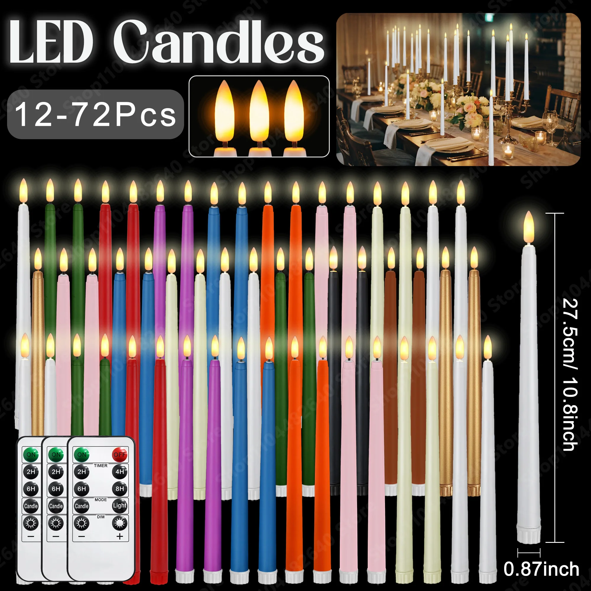 12-72Pcs Flameless Taper Candles with Remote Wedding LED Candles Flickering Fake Candles Faux Electric Candles Table Home Decor