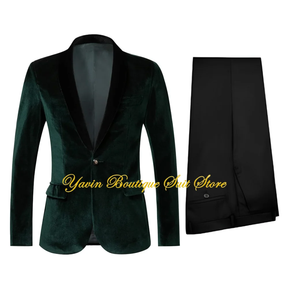 Velvet Men's Suit 2 Piece One Button Jacket Pants Set Wedding Groom Tuxedo Formal Men Velvet Blazer