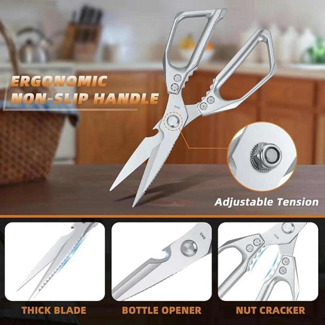 Heavy Duty Kitchen Shears, Multipurpose Stainless Steel Kitchen Scissors for Cutting Bone Meat, All-in-One with Bottle Opener Nut Cracker Fish Scaler, Aluminum Handle - Silve view 2