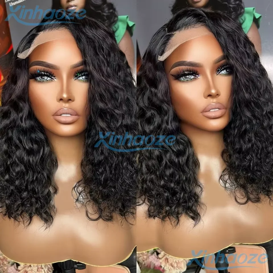 Right Side Part Water Wave #1 Jet Black Glueless Human Hair 5x5 Silk Top Lace Closure Wigs Pre Plucked 360/13x6 Lace Front Wigs
