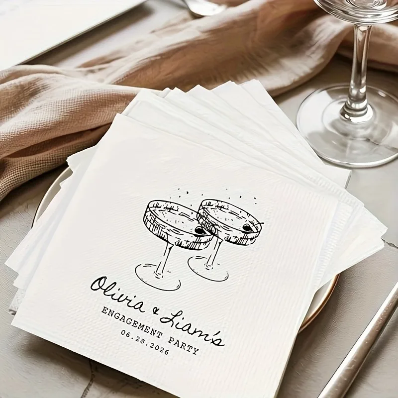 Custom tissues, featuring an elegant champagne glass design, measuring 4.53 inches, with personalized text. Perfect for celebrat
