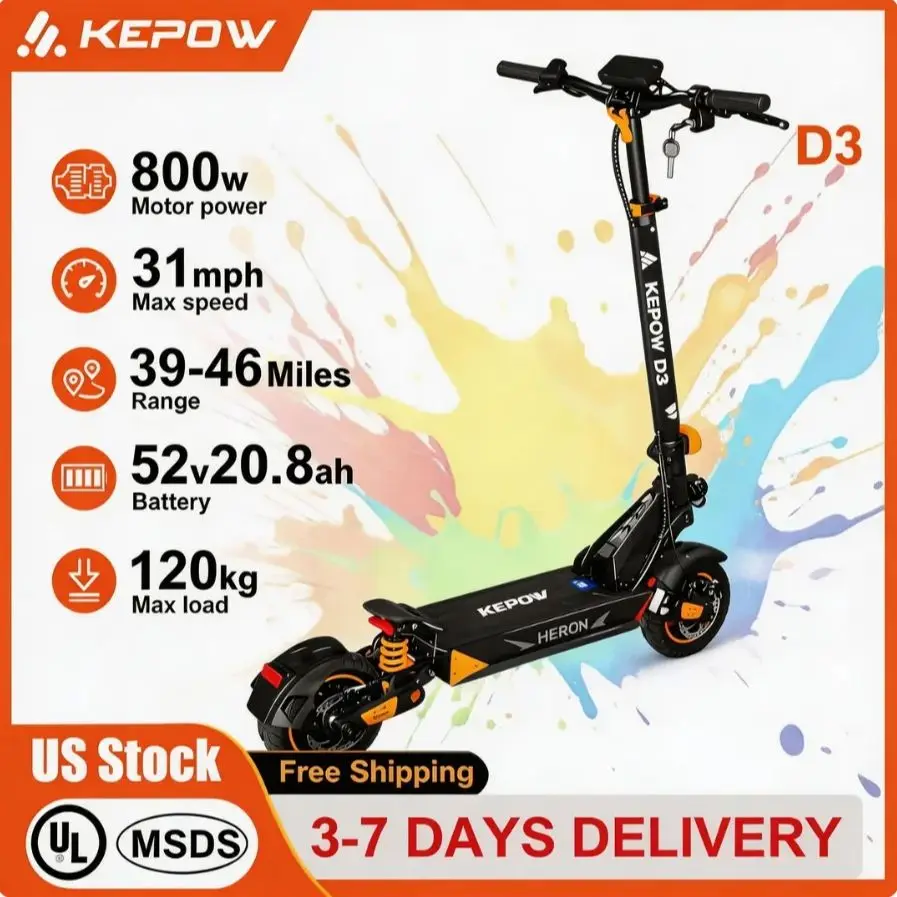 

KEPOW D3 Foldable Electric Scooter for Long Distance 52V 20.8Ah Battery 800W Motor s31MPH 10 Inch Off-Road Tires with APP
