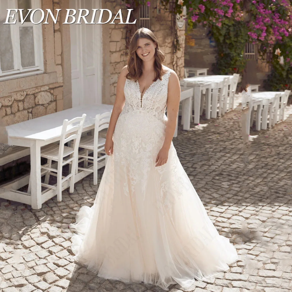 

EVON BRIDAL Boho Spaghetti Straps Wedding Dress Plus Size V-Neck Applique A-Line Bride Gowns Vestidos De Novia Talla Grande