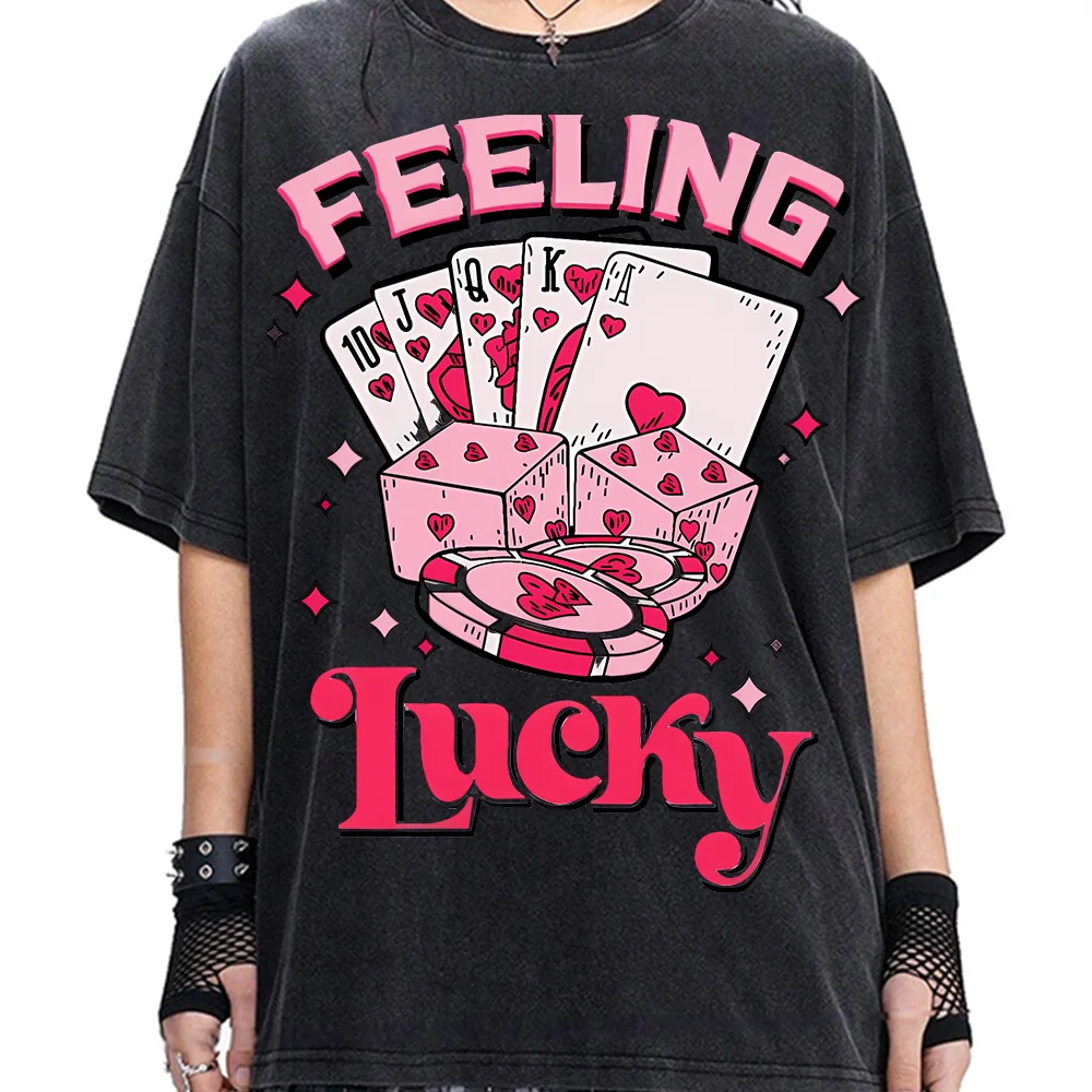 

Feeling Lucky Graphic Tees Summer Cotton Washed T-Shirts Womens Poker Dice Printed Tops Oversized O-Neck Short Sleeve Clothing
