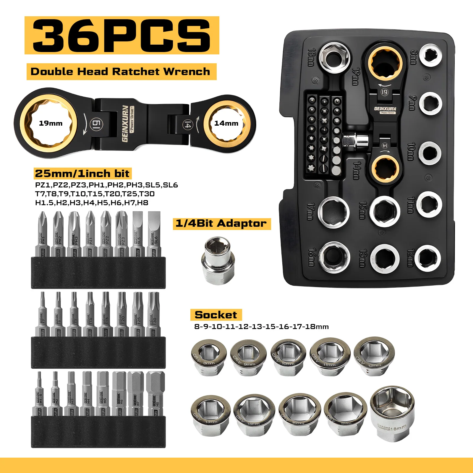 Geinxurn 36PCS Repair Tool Set with Stubby Ratchet Wrench, 8–18mm Sockets, Bit Adapter & 25mm Screwdriver Bits