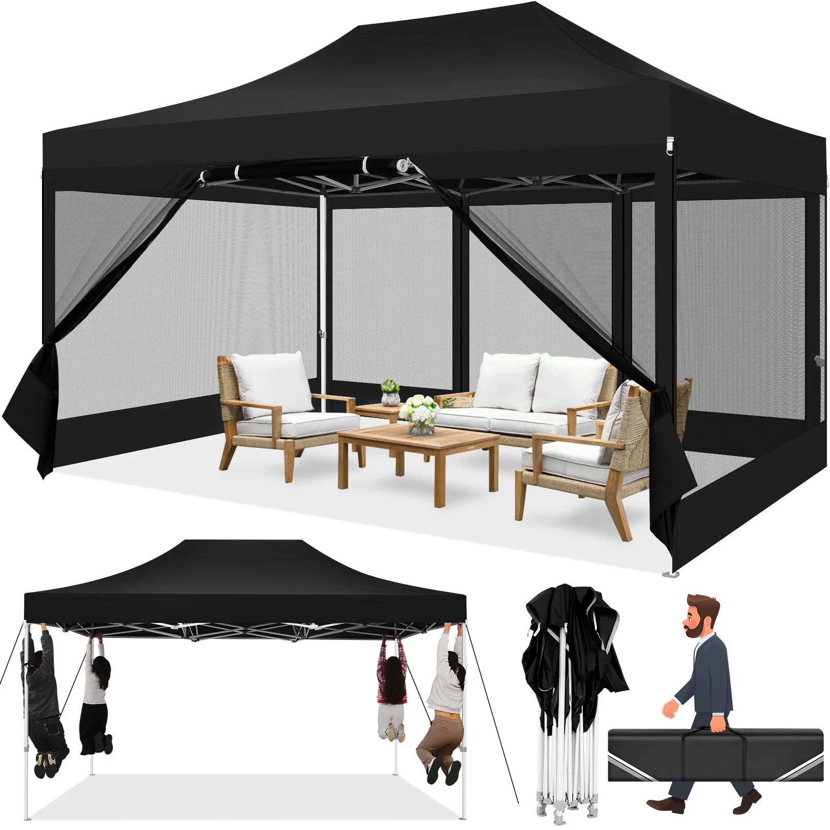 10x15FT Heavy Duty Pop Up Canopy Tent with Mosquito Netting Sidewalls | UPF 50+&Waterproof, Rust-Resistant Steel Frame, Tool-Free Instant Setup, 420D Oxford, 1080D Reinforced Bag, Commercial Grade