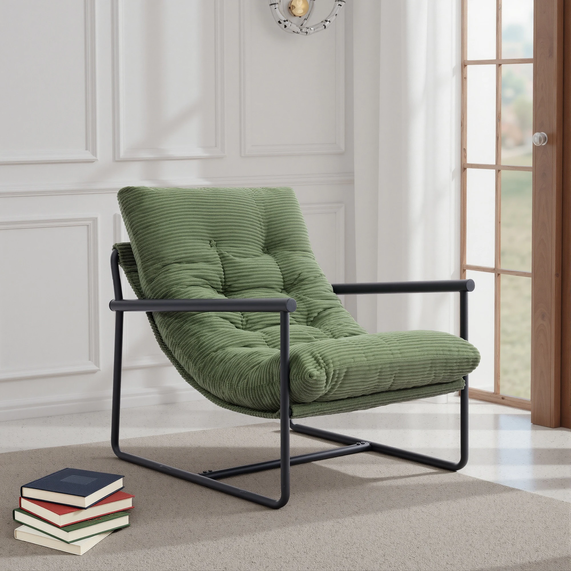 

Cozy Corduroy Upholstered Accent Chair, Modern Metal Frame Sling Lounge Chair for Home Living Room Bedroom