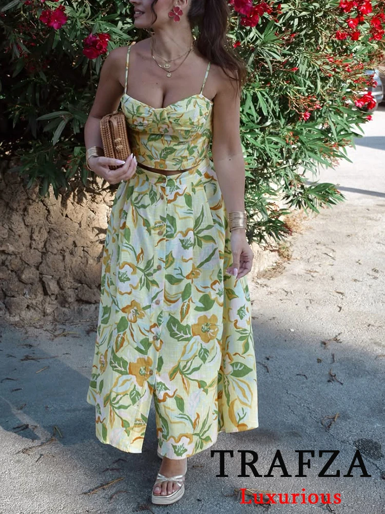 

TRAFZA Vintage Casual Print Chic Women Suit Cami Slim Short Vest Loose Long Draped Skirt New Fashion 2025 Summer Holiday Set