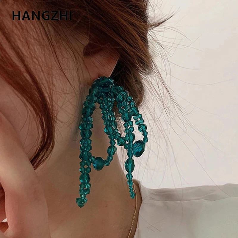 HangZhi 2020 New Colorful Transparent Crystal Beads Flower Bowknot Exaggerated Long Tassel Earrings for Women Girls Jewelry