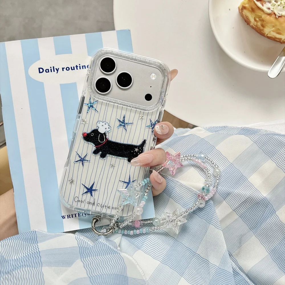 Korea INS Cute Puppy Striped Phone Case for iPhone 18 Pro Max 17 Max 15 16 17 Pro, Kawaii Shockproof Protective Cover With Charm