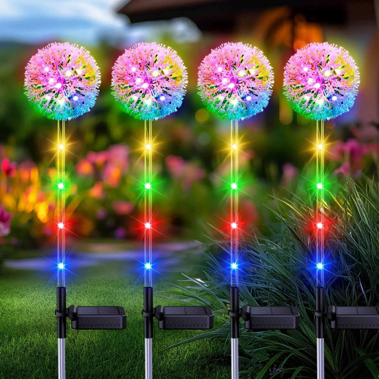 4er Set Solar-Blumenleuchten für Außen- und Gartendekoration, zweistufige bunte Löwenzahn-Leuchte, helle wasserdichte dekorative Gartenleuchten für Hof, Terrasse und Blumenbeet, ideale einzigartige