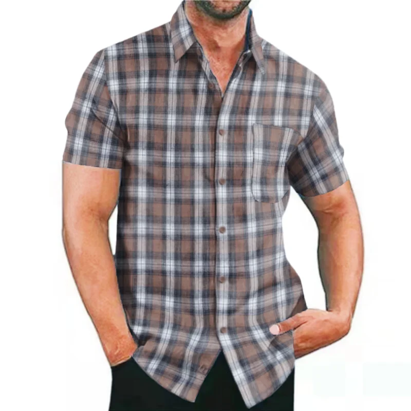 Men Shirt Casual Plaid Flannel Men's Clothing Short-Sleeved Chest Pocket Design Men's Striped Shirts Printed-Button S-3XL