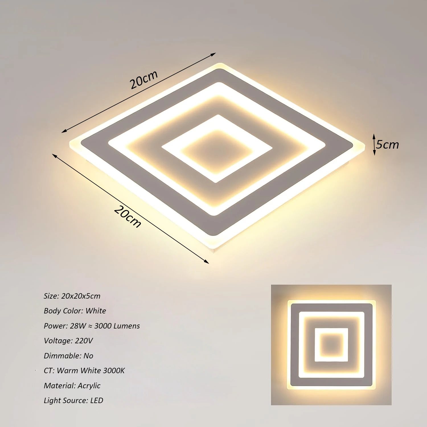 Moderne vierkante LED-plafondlamp, 28W acryl plafondlamp, witte plafondkroonluchter voor slaapkamer, woonkamer warm licht 3000K