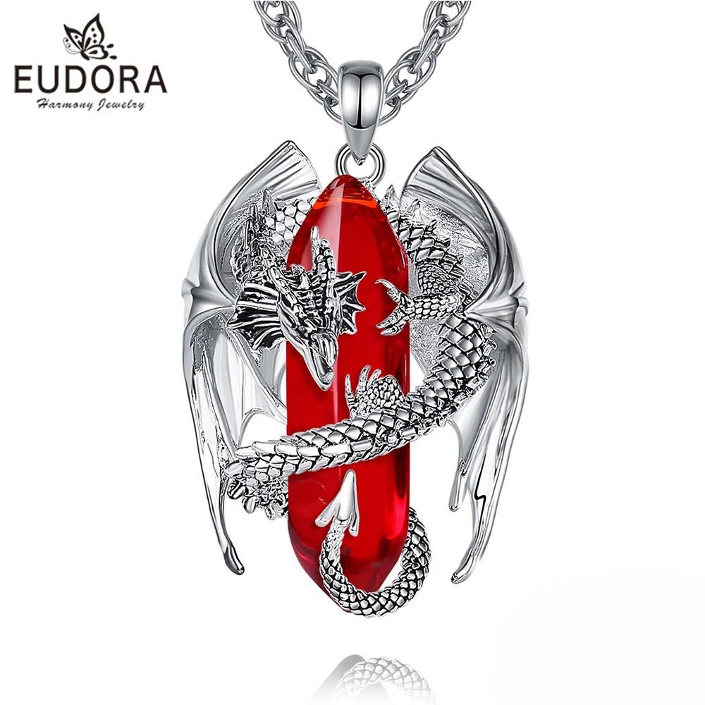 Eudora Dragon Twining Hexagonal Natural Carnelian Prismatic Necklace Punk Healing Stone Pendant Fine Jewelry for Women Man Gift