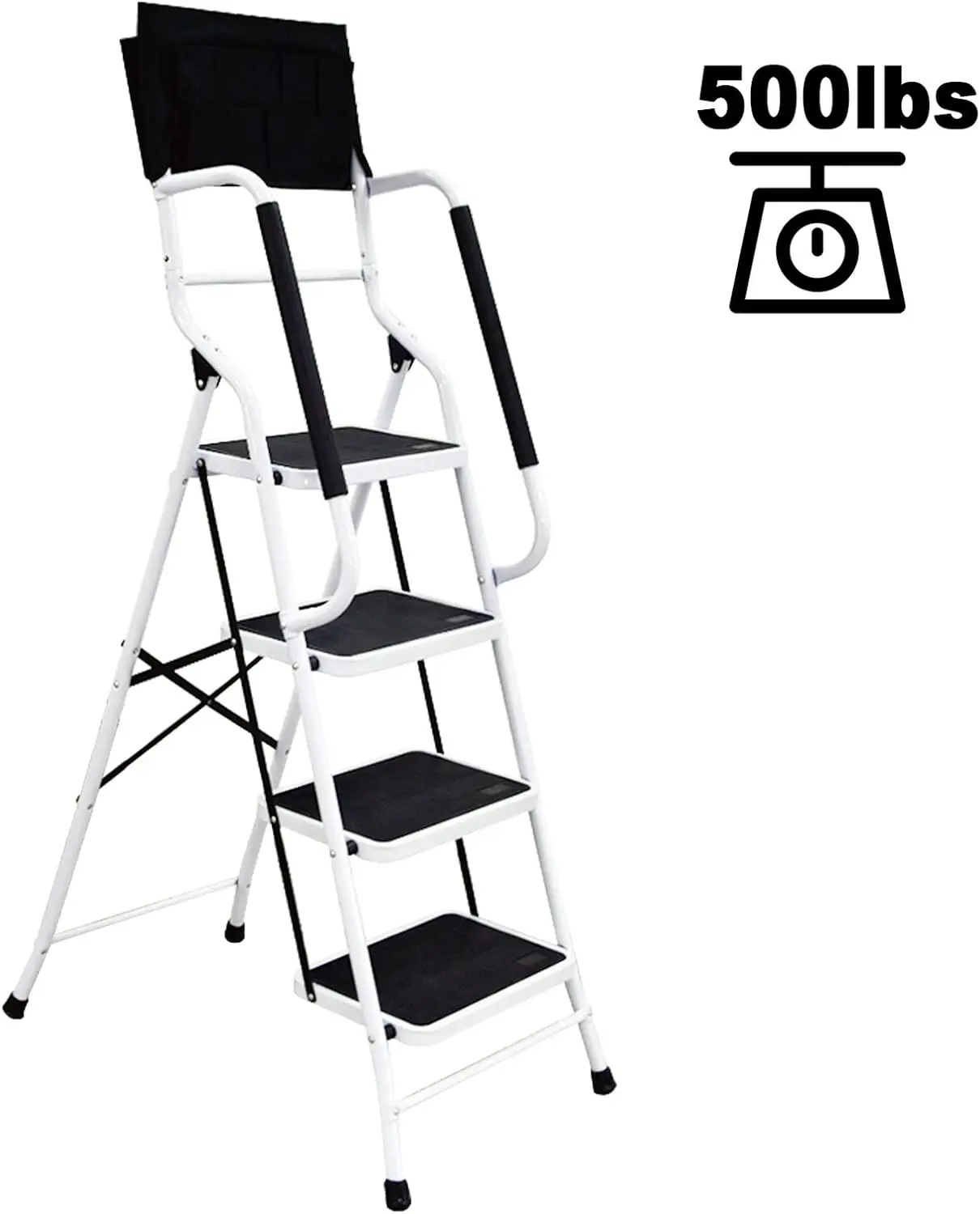 Escada portátil dobrável com corrimãos, Escada com armação de aço, Escadas para casa e cozinha, 4 Step Stool, 500 lb Capacidade