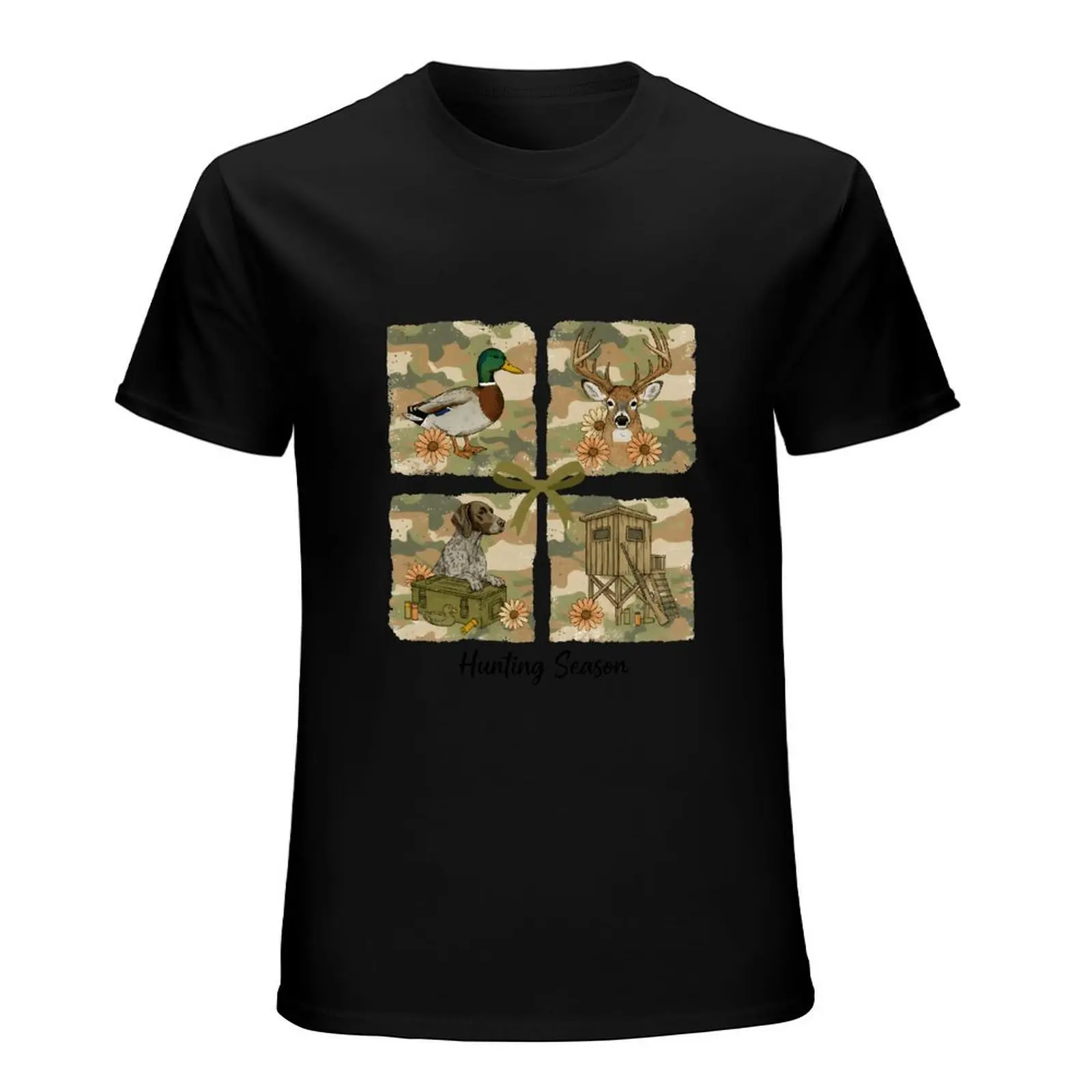 Cartoon Wetland Reed Mallard Duck Camo Bow Black Cotton Tee Country Farmer Weekend Leisure Wear