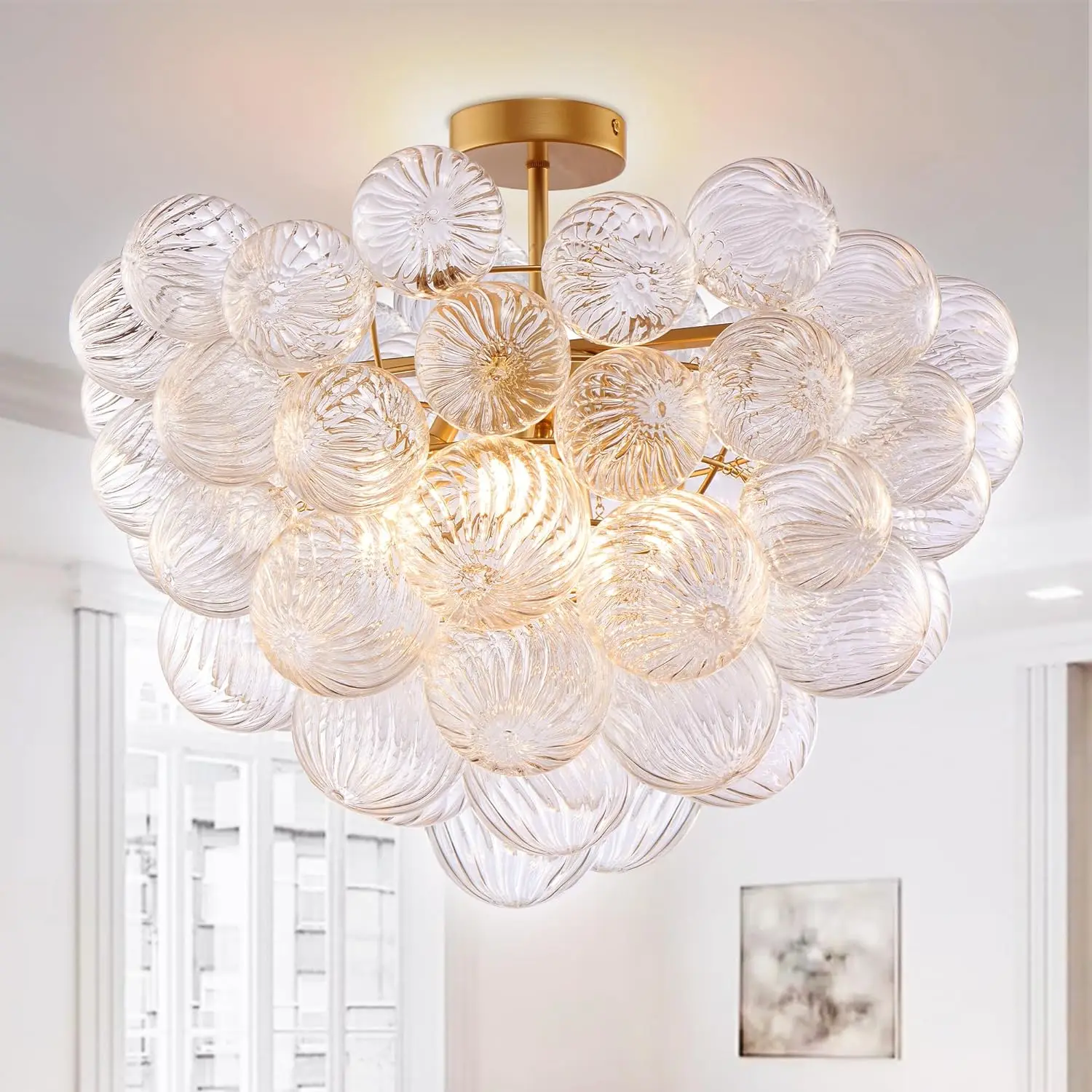 

LONGREE Ceiling Mounted Lamp Clear Ribbed Bubble Ball Glass Chandelier Lightings for Bedroom Closet Kitchen Living Room