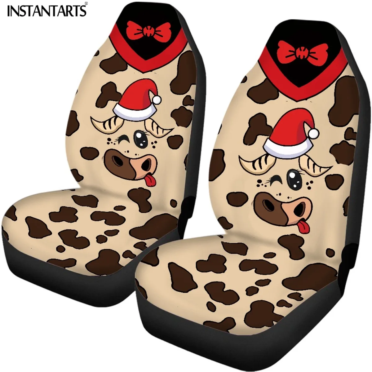 INSTANTARTS Unique Christmas Cow Design Vehicle Seat Covers Set Beautiful Dirt Resistant Easy Clean Automobile Protector Cushion