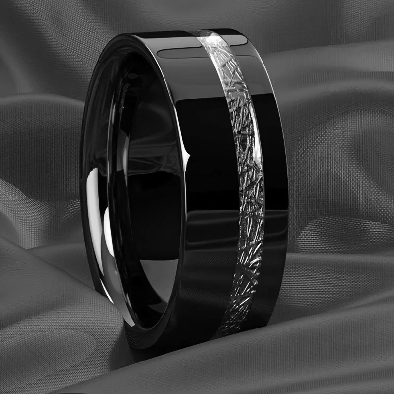 Fashion 8mm Black Stainless Steel Ring For Men Vintage Silver Color Meteorites Inlaid Promise Ring Men Wedding Band Jewelry Gift