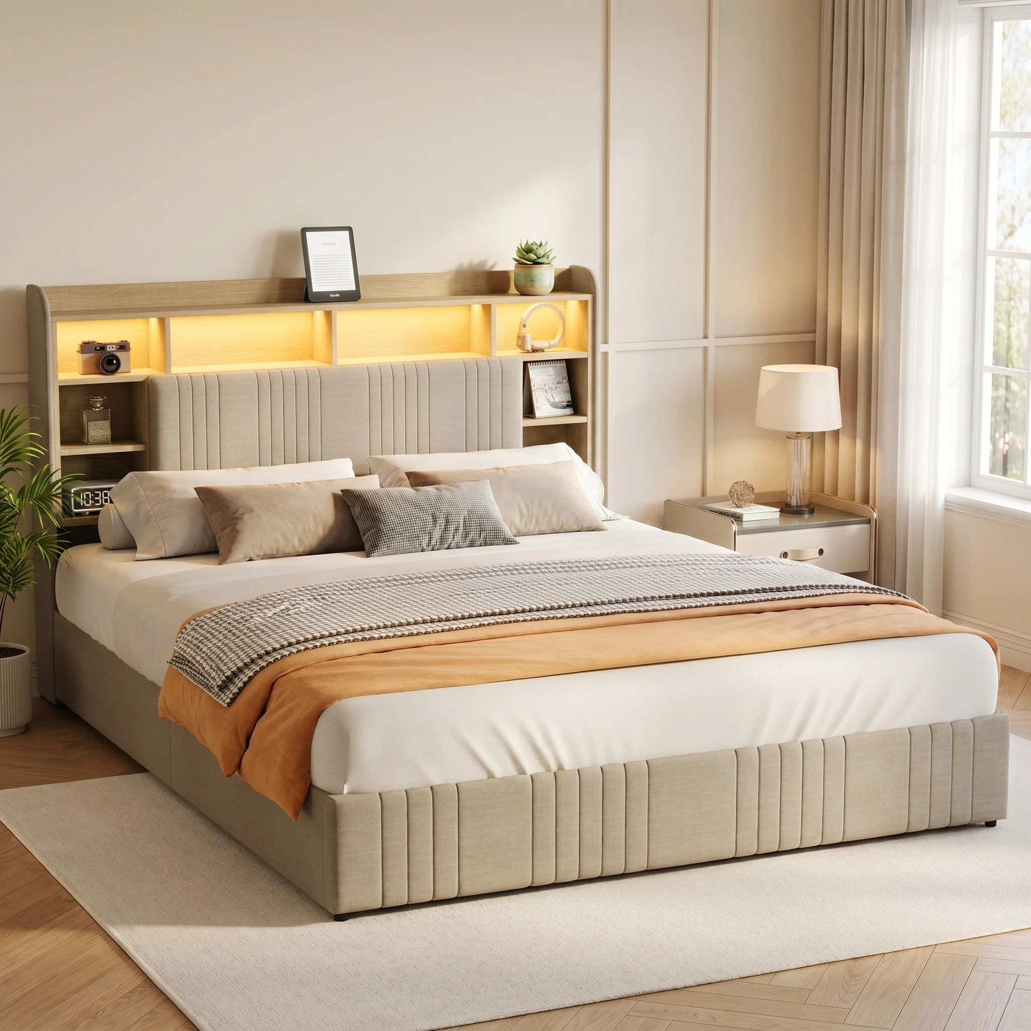 Anajqaqia Cama con Base de Almacenamiento de Lino Beige de 140x200cm, Cama Tapizada con 4 Cajones, Luces LED, Estación de Carga USB y Cabecero con Librero, Colchón No Incluido