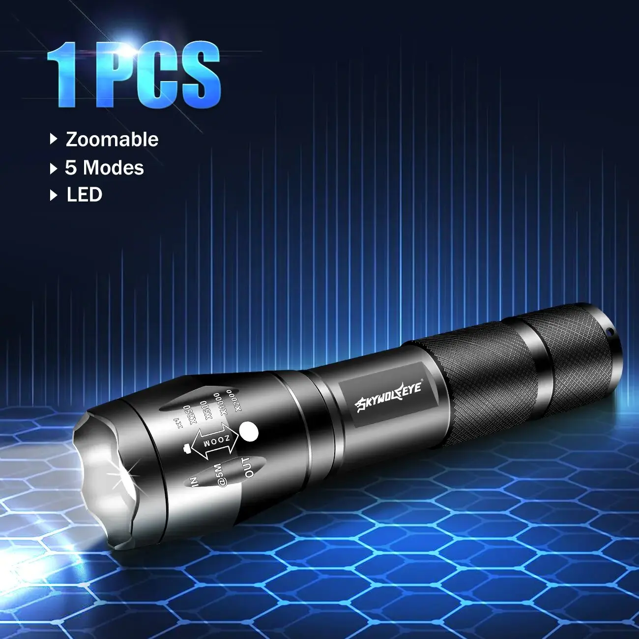 Skywolfeye Super Bright LED Tactical Flashlight Portable Working LED Torch Zoom with 5 Modes for Camping Fishing Hiking