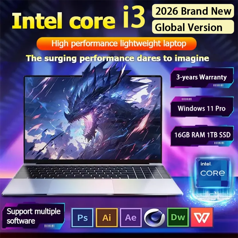 Nuevo Portátil 2026 de 15.6'' con 16GB de RAM, 1TB/2TB SSD, Intel i3-6100U, Desbloqueo por Huella Dactilar, Windows 11, para Oficina y Estudio