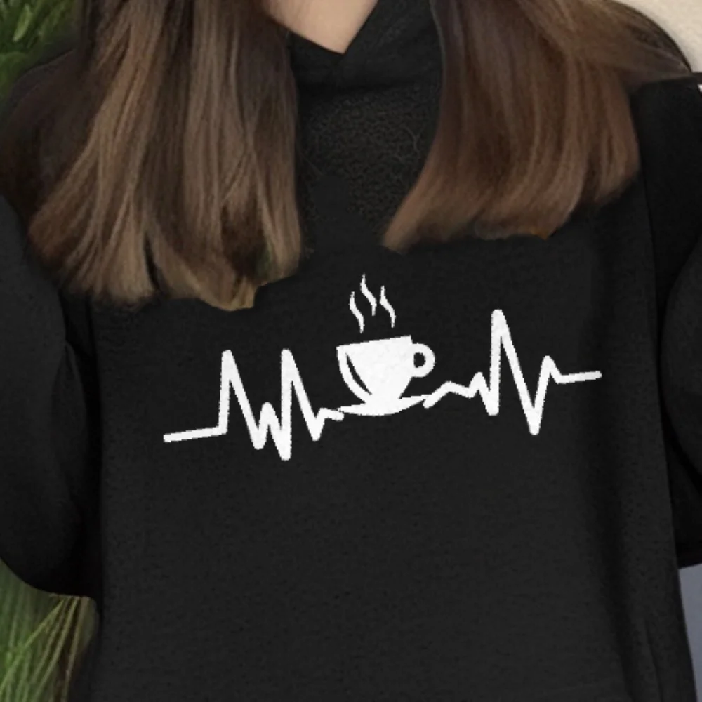 コーヒーハートビートパーカーユニークなカフェインプリント秋冬カジュアルルーズ長袖スタイリッシュなリラックスした日常着布トップス