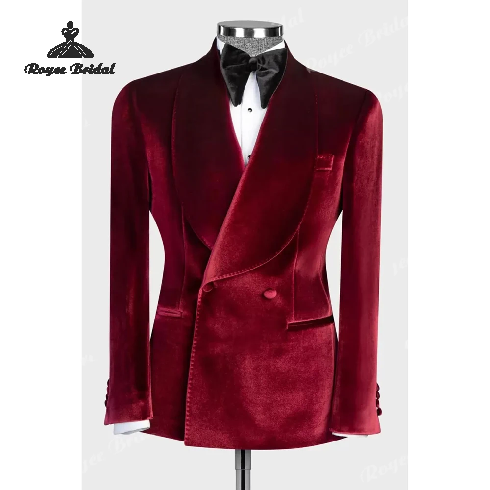 Donkerrood fluwelen tweedelig herenpak met dubbele rij knopen Bruiloft 2026 Sjaalkraag Avondpak kostuum homme mariage