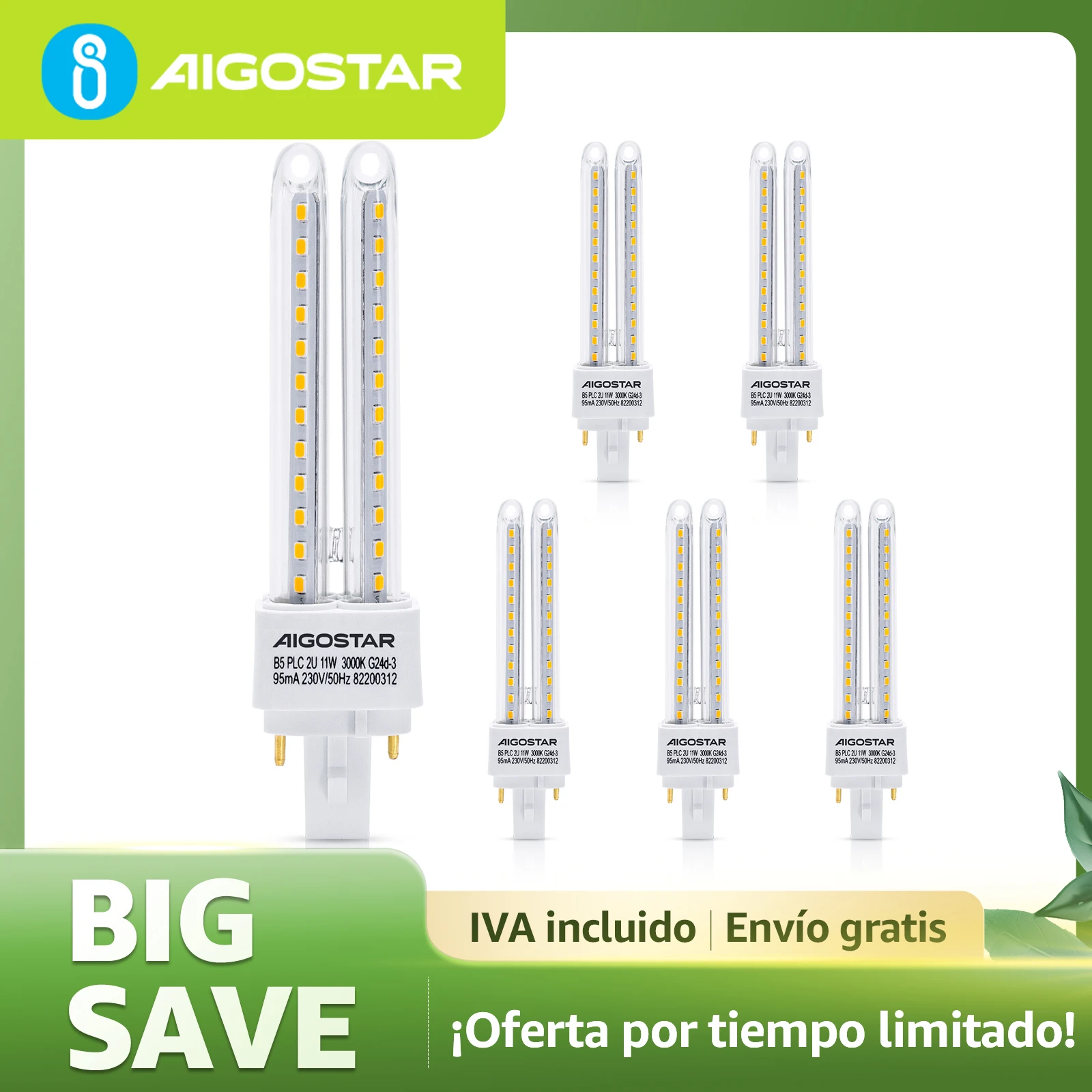 Aigostar Pack de 5 Bombillas LED PLC 2U, tubo de Maiz G24d-3, Blanco Cálido 3000K, 4000K, No regulable
