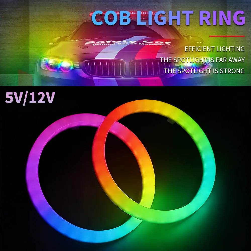 COB LED Ring 5V/12V WS2812 RGB Light Individually Addressable with Built-in IC Compatible with WS2811 27/48/74/96/120mm for Car