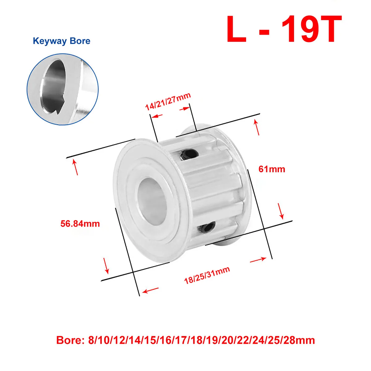 

1Pc Timing Pulley L-19Teeth Keyway Bore 8~28mm Pitch 9.525 mm Synchronous Pulley Wheel For Width 13/20/25mm L Rubber Timing Belt