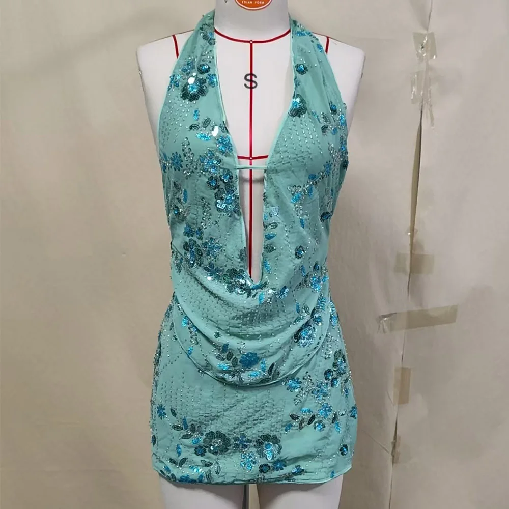Summer Sunset Girl Rave Beach Outfit Y2K 2 Piece Set Deep V-neck Backless Green Floral Sequin Halter Top Embellished Skirt Set view 6