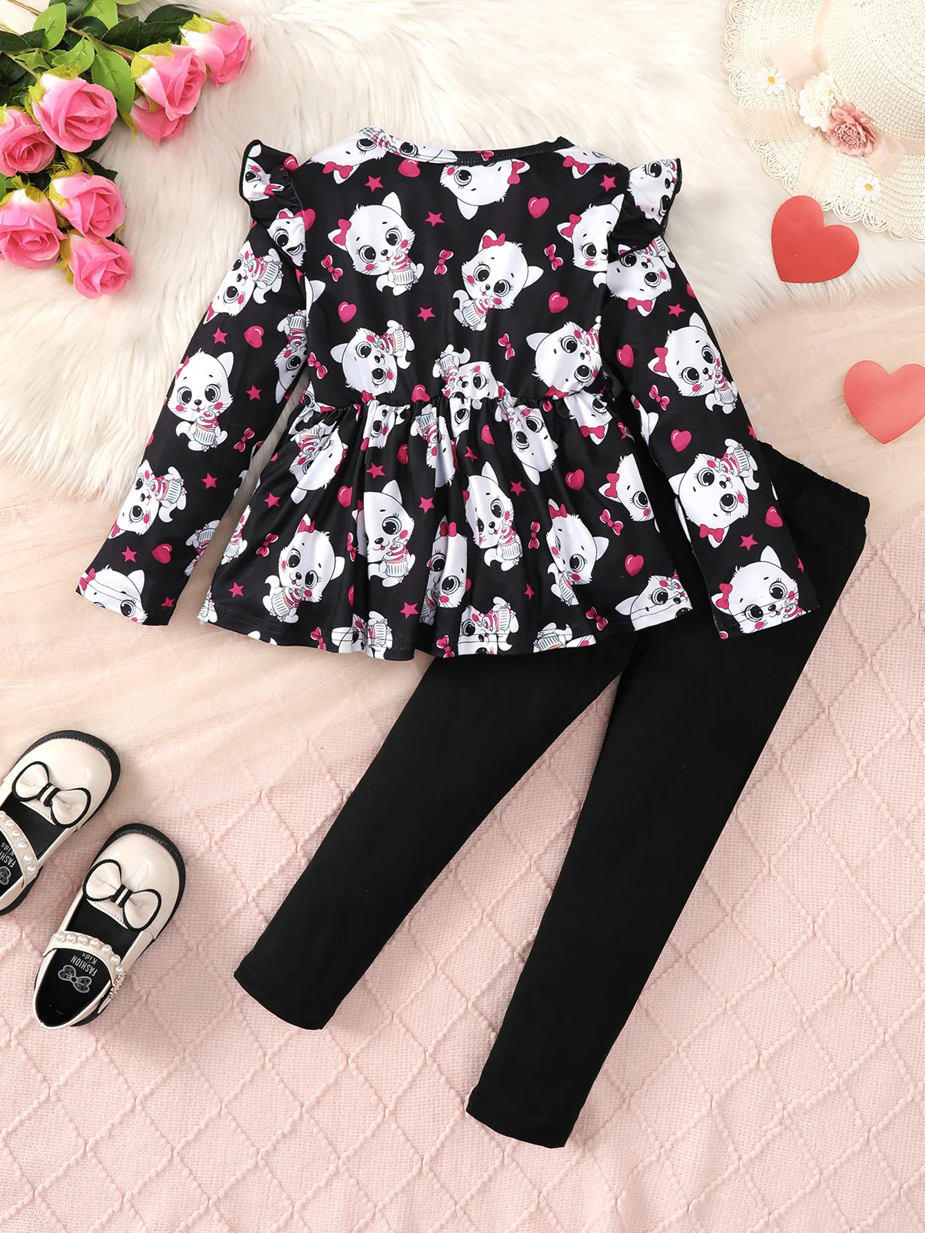 

Симпатичные 2 шт. для девочек, топ с длинными рукавами с принтом кота + длинные брюки с кошачьим принтом, удобные для ношения в течение всего дня.