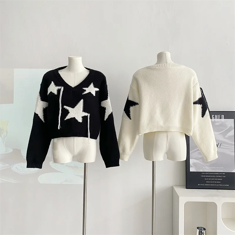 Autumn Winter Warm Harajuku Fashion V-neck Star Sweaters Long Sleeve Pullovers Top Woman 2000s Streetwear Jerseys New