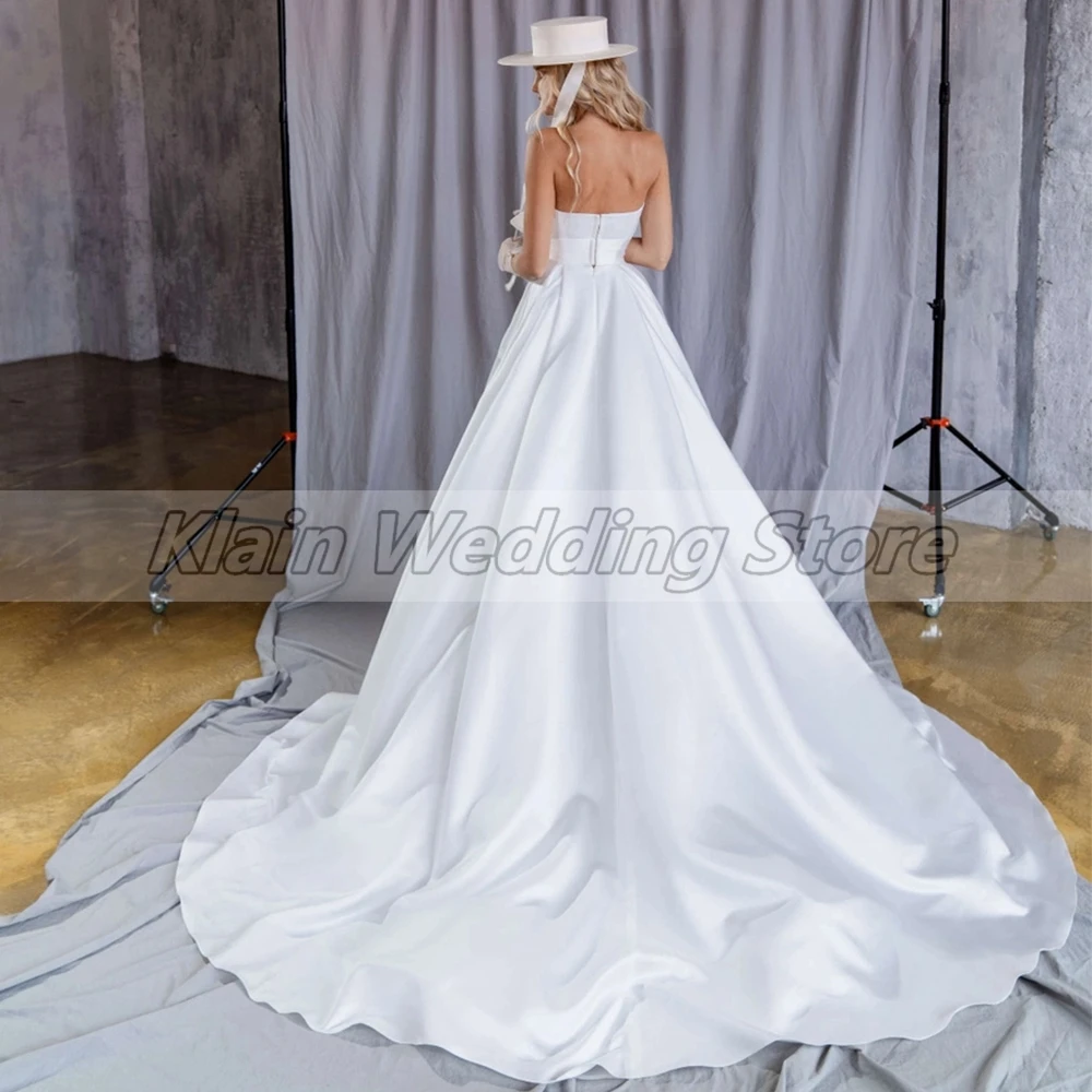 Customized Simple A Line Satin Wedding Dress Ladies Sexy Strapless With Bow Court Train Sleeveless Backless Bridal Vestido De N