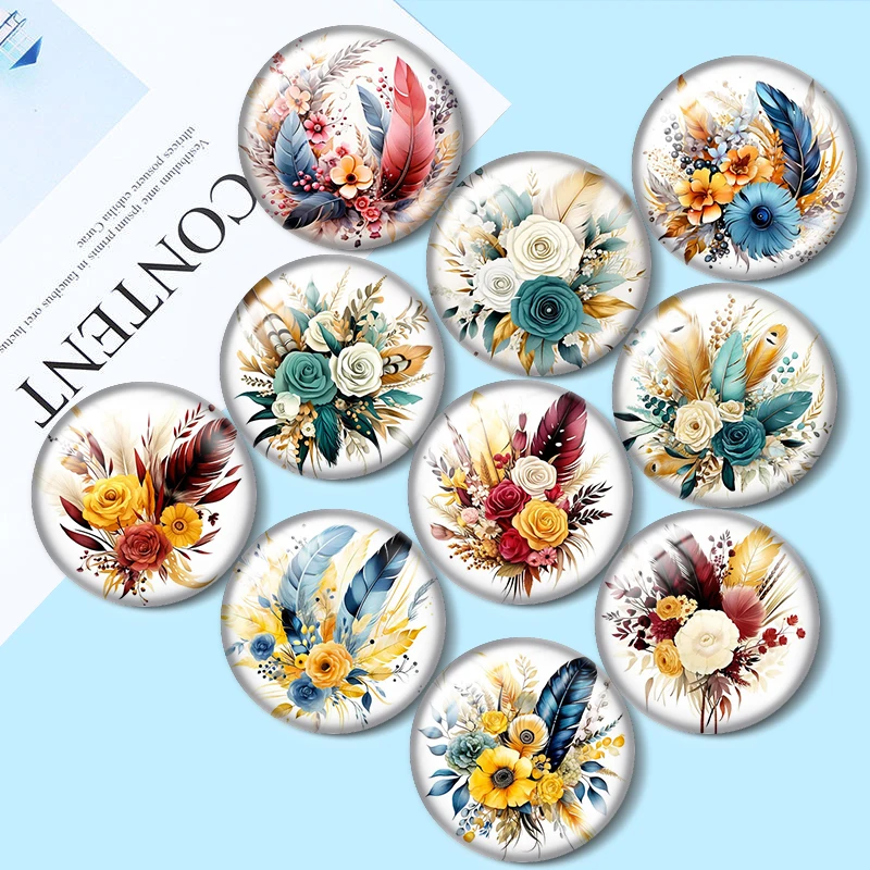 

Boho Feather Flower Bouquet 10pcs mix 12mm/18mm/20mm/25mm Round photo glass cabochon demo flat back Making finding