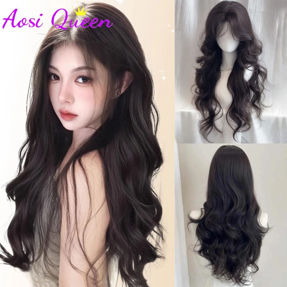 

Brown Black Long Wavy Curly Synthetic Wigs with Bangs Cosplay Wig for Women High Temperature Natural Fake Hair LM