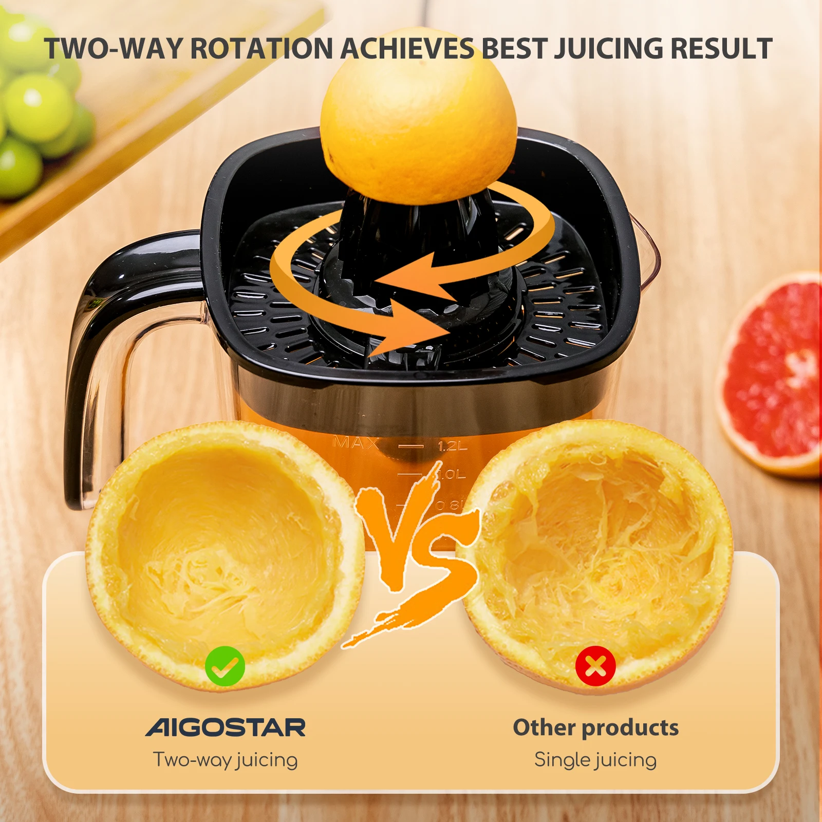 عصارة Aigostar الحمضيات الحمضية الكهربائية السوداء 40 وات 1.2 لتر عصارة فواكه للعصير