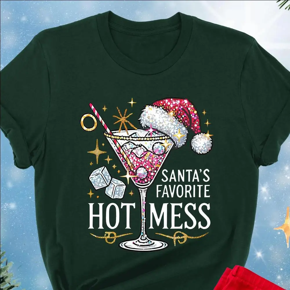 

Рождественский подарок для женщин, рубашка Santa's Hot Mess, рождественская рубашка Martini, рубашка для дневного питья, футболка для рождественской вечеринки