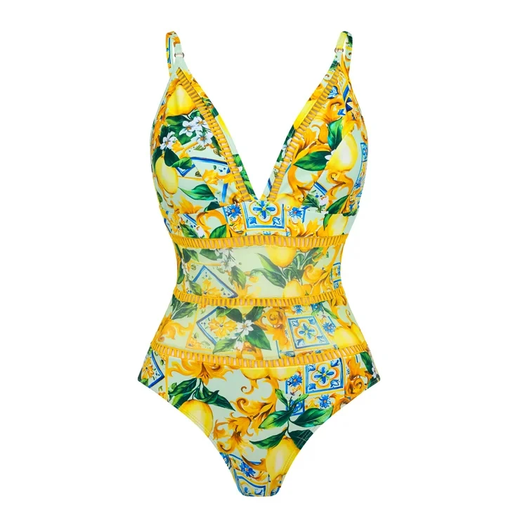 Women Lemon Print  Push Up  padded One Piece Swimsuit and Skirt Swimwear Beachwear Bathing Suit bikini set tankini monokini