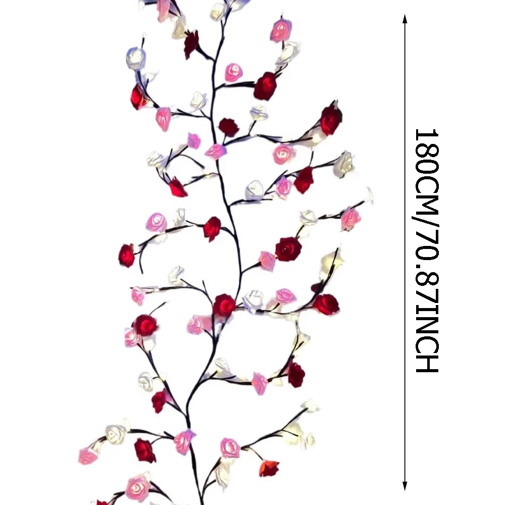 مصباح فرع LED وردي للجدران - إكليل زخرفي لفرع الصفصاف على شكل زهرة الورد مع 96 مصباح LED وجهاز تحكم عن بعد، 8 إضاءة م #6