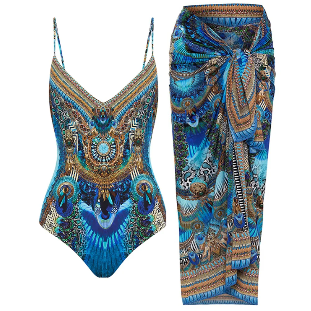 Vintage feminino uma peça maiô & saia listra roupa de banho cobrir azul feminino retro férias praia vestido de verão surf wear
