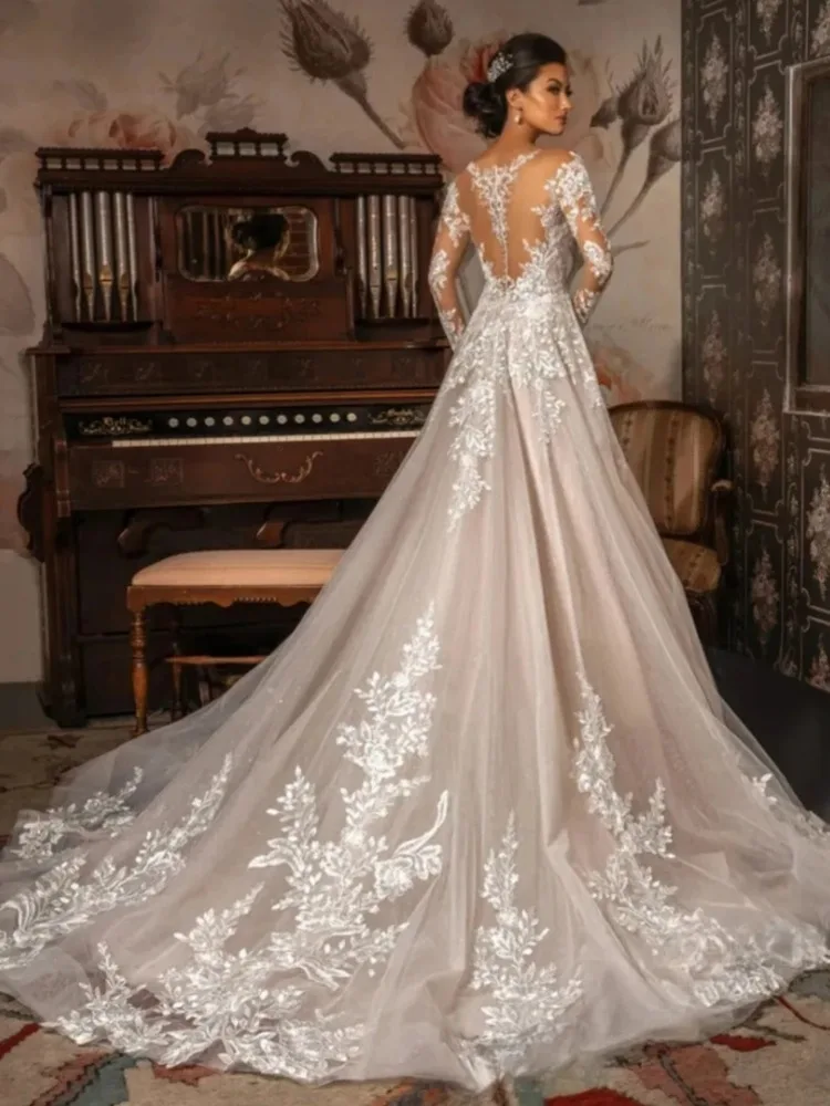 Elegant Sheer O-neck Long Sleeve Wedding Dress Lace Applique A Line Bridal Gown Princess Vestido De Noiva