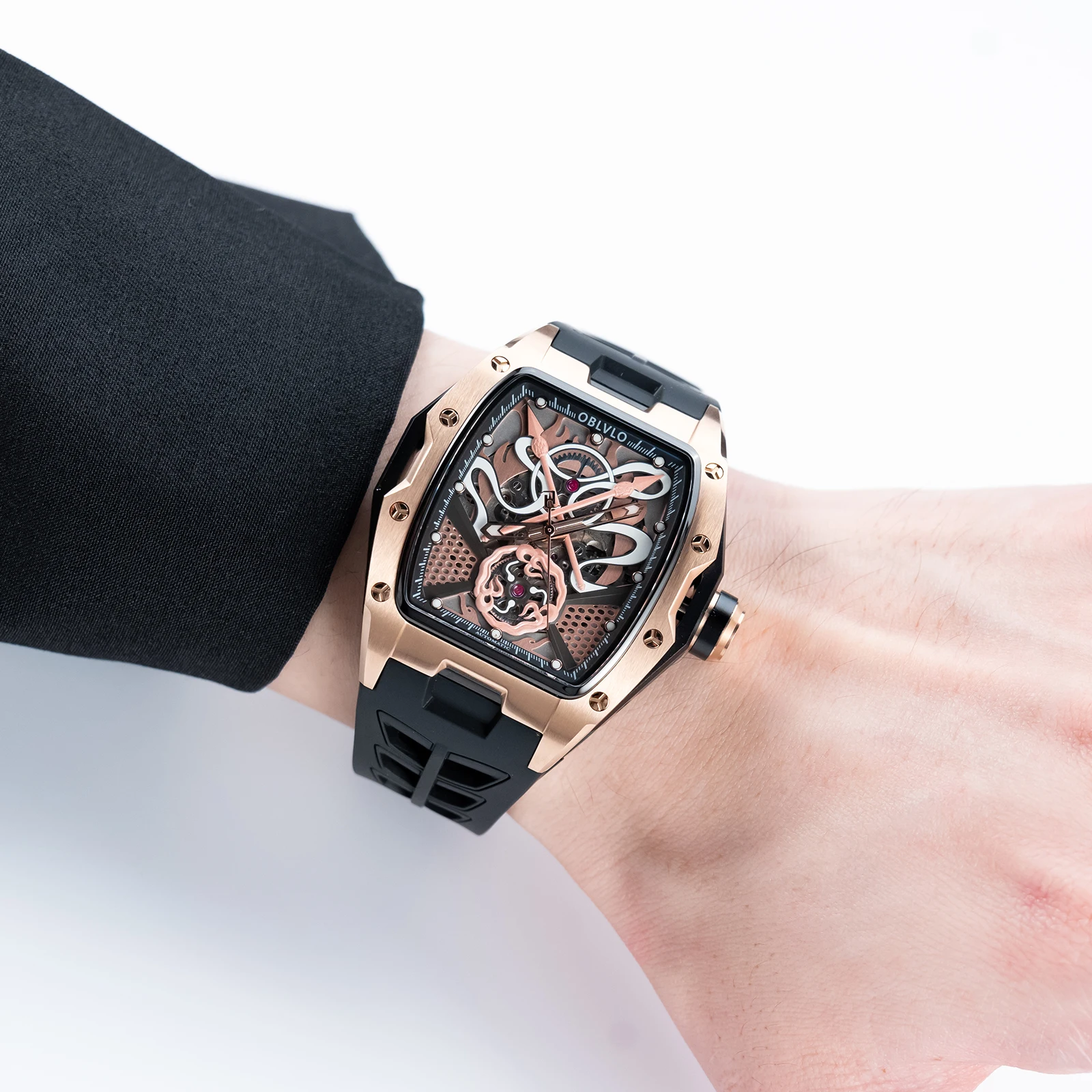 

Механические часы OBLVLO Rose Gold Tonneau Skeleton с суперлюминесцентным силиконовым ремешком, автоматические спортивные часы, дизайнерские часы Relojs ZM