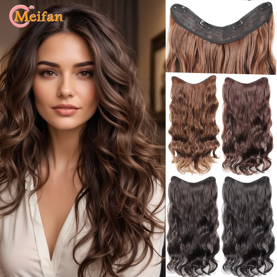 

Long Wavy Curly U-Shaped Half Head Wig Synthetic One Piece Black Brown Clips in Hair Extension Natural Fake Hairpieces for Women