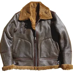 B6 Bomer Leather Jacket for Men, Military Style, Winter Shearling Coat