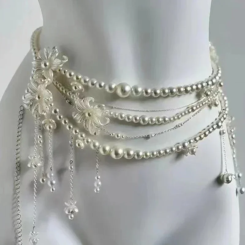 Y2K designerski pasek biżuteria wielowarstwowy perłowy łańcuszek w talii dla kobiet moda Retro charakter grający akcesoria do ciała paski imprezowe — zdjęcie 2