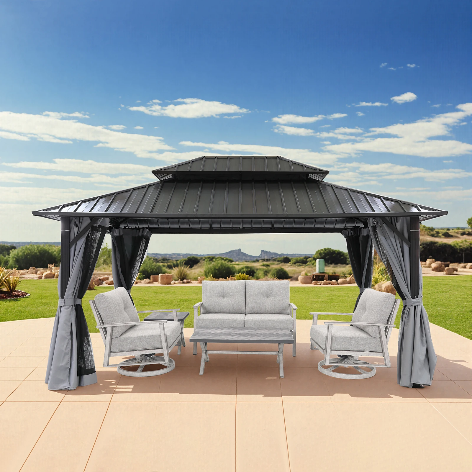SeeHill 12' x 16' Outdoor Hardtop Gazebo with Aluminum Frame, Double Steel Roof Patio Pergola with Netting and Curtains